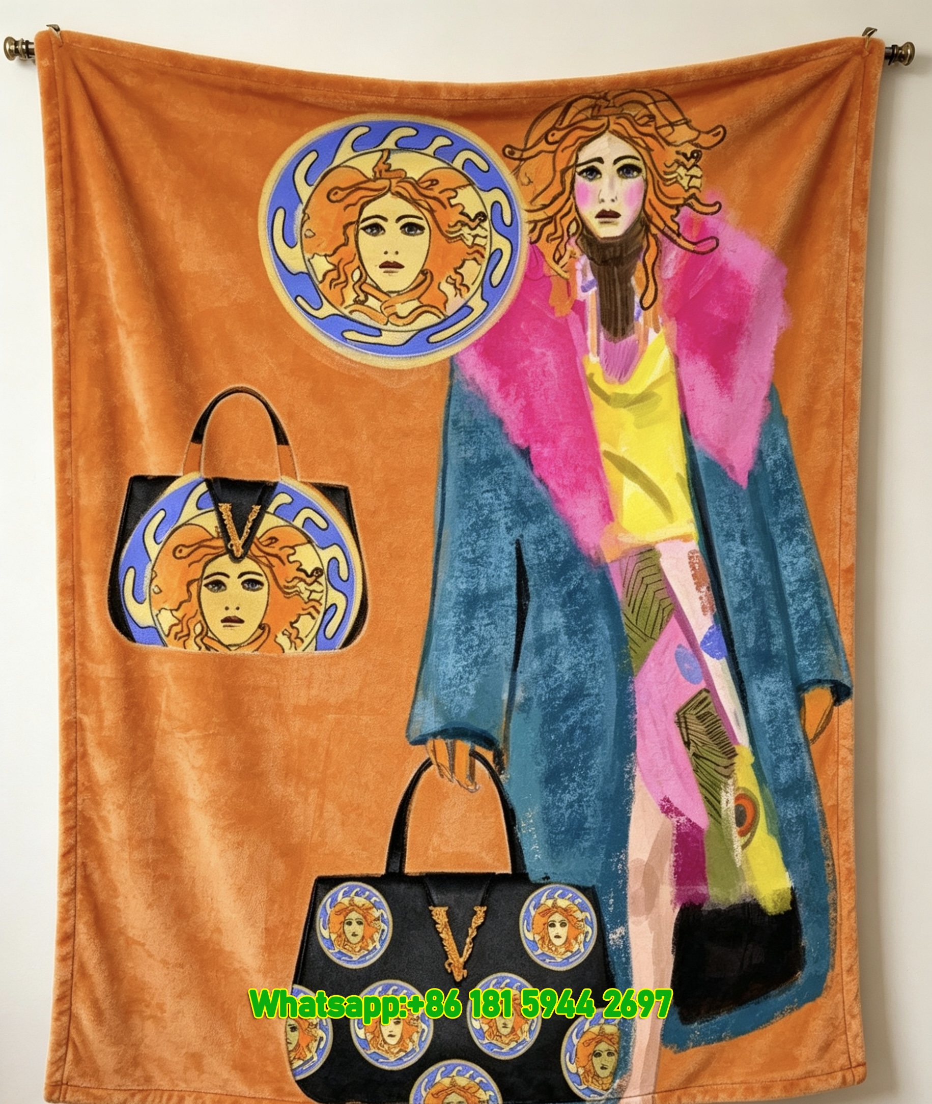 Versace Orange Background Medusa Head Fashion Illustration Print Flannel Throw Blanket Luxury Sofa Cover Blanket IMG_1689